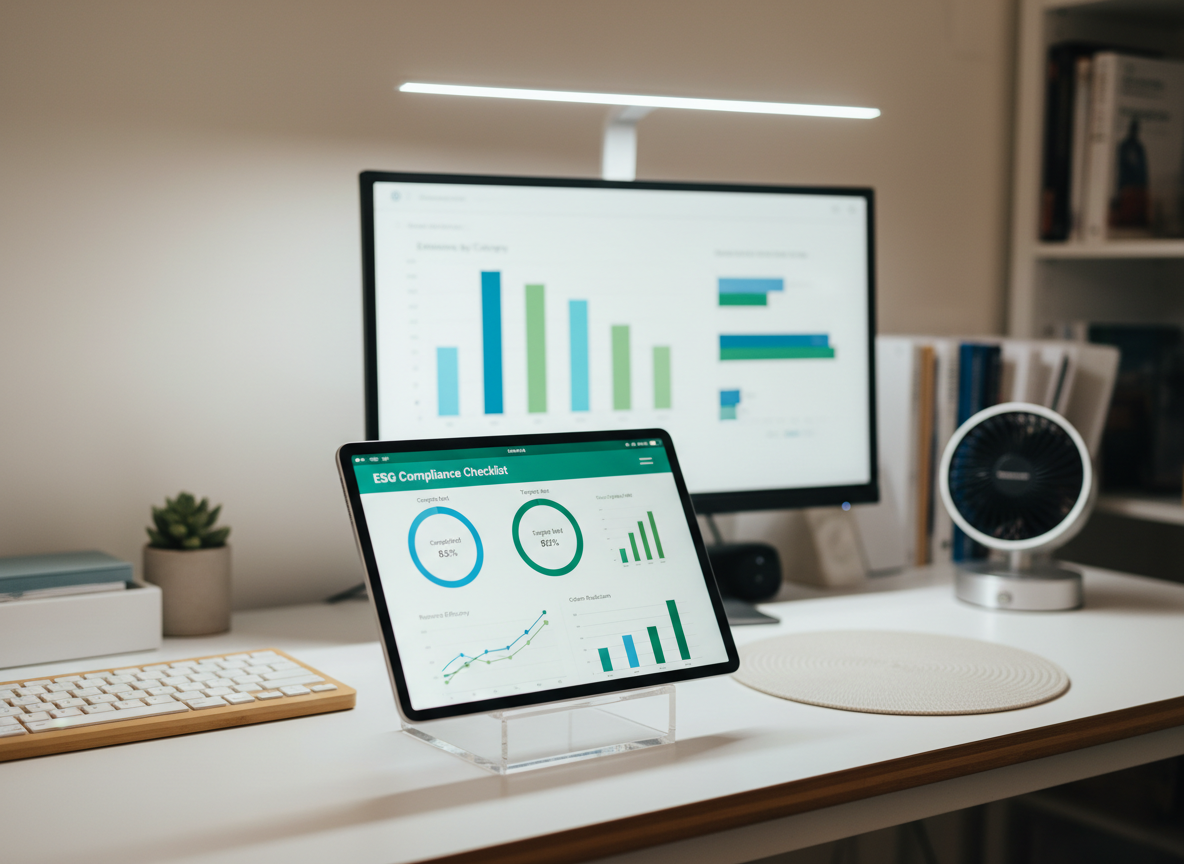 A close-up photographic view of a tablet propped on a minimalist stand in a tidy SME back-office space, its screen filled with an ESG compliance checklist interface, progress circles, and trend graphs in blues and greens. Behind it, slightly out of focus, a second monitor shows a detailed emissions breakdown by category using stacked bar charts. The workspace includes a bamboo keyboard, recycled-material mousepad, and a small solar-powered desk gadget, reinforcing sustainability. Soft, cool-toned artificial lighting from an overhead LED panel creates even, shadow-free illumination, giving a crisp, modern feel. The composition uses the rule of thirds, with the tablet dominating the foreground and the rest of the tidy workspace receding gently into a neutral, uncluttered background.