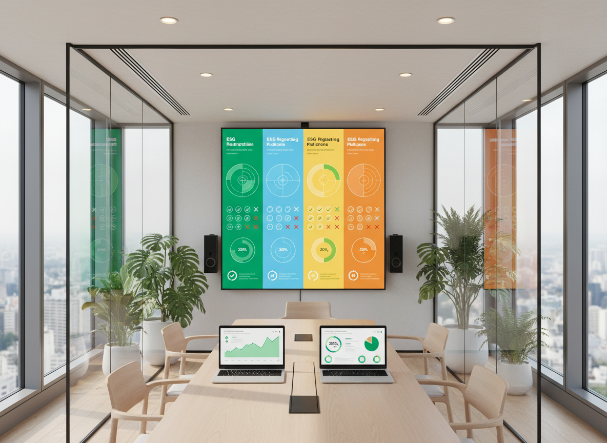 A glass-walled meeting room in a small business setting, focused on a large digital display mounted on the wall showing a side-by-side comparison of multiple ESG reporting platforms for SMEs. Each column has distinct color coding, radar charts, and feature checkmarks represented visually without any readable text. On the table below, two open laptops show complementary dashboards with green performance indicators and reduction targets. Warm ceiling lights blend with soft daylight from city-facing windows, creating a bright, competent atmosphere. Shot from a slightly elevated corner angle in realistic photographic style, with sharp focus throughout to capture the details of the screens and the clean, sustainable office design featuring potted plants and light wood finishes.