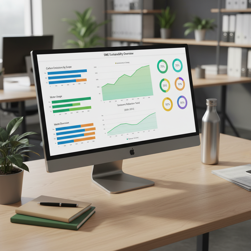 A sleek ultrawide monitor on a light oak desk displays a clean ESG reporting dashboard for SMEs, with colorful bar charts, emissions trend lines, and KPI tiles clearly visible. Surrounding the screen are neatly arranged notebooks, a small leafy plant, and a reusable metal water bottle, subtly suggesting sustainability. Soft daylight pours in from an unseen window to the left, casting gentle shadows and reflections on the matte desk surface. Photographic realism at eye-level, with a slight angle toward the screen and shallow depth of field that keeps the interface crisp while the background office shelves, binders, and other workstations blur into a calm, professional atmosphere.