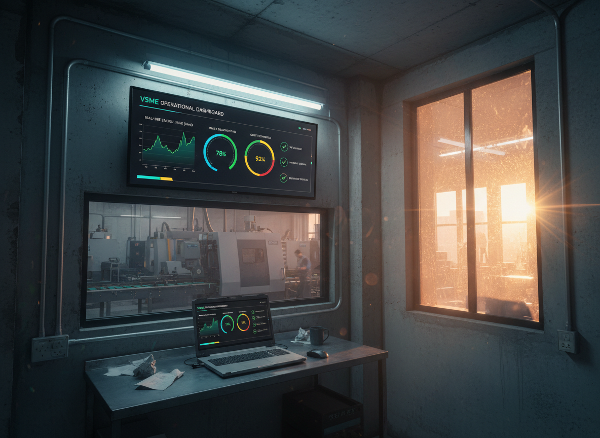 Inside a small manufacturing SME’s control office, a wall-mounted screen above a narrow workstation displays a VSME dashboard tailored to operations: real-time energy usage graphs, waste reduction gauges, and safety-compliance indicators rendered in clear, color-coded visuals. Below, a rugged laptop on a metal-topped desk shows the same platform’s detailed reporting view. Industrial elements like exposed pipes, a high window, and a glimpse of machinery through an interior window set the context. Late afternoon light filters in, mixing with cool fluorescent ambient light to create balanced, natural-looking tones. Photographic realism with a slightly wide-angle lens, capturing both the technology and the operational environment to show ESG data integrated directly into SME production workflows.